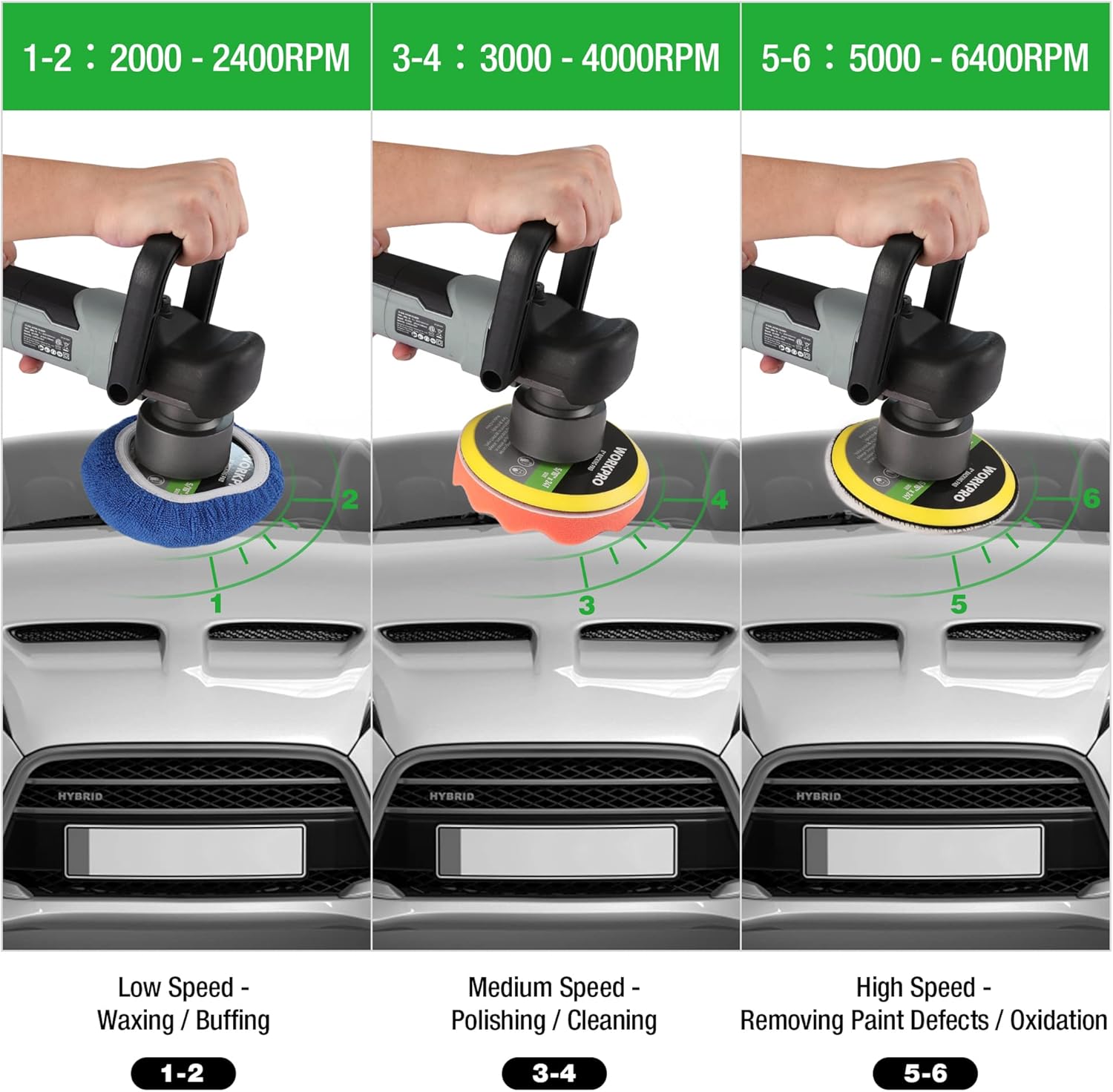 WORKPRO Car Buffer Polisher Kit, 6 Inch 6400RPM Dual Action With 6 Variable Speeds, 7A Orbital for Car Detailing, Waxing, Scratch Removing - Image 4