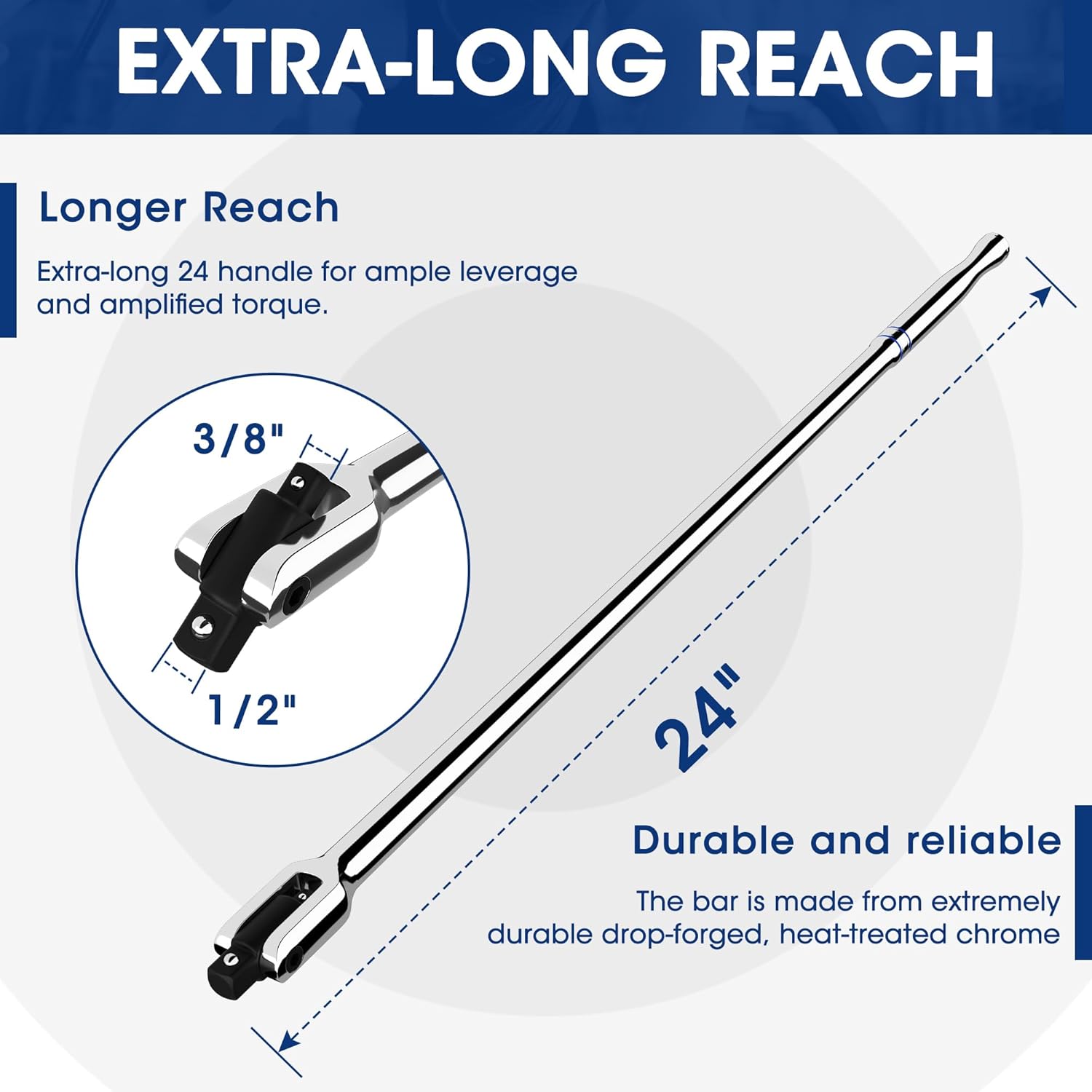 WORKPRO Dual Drive Breaker Bar, 3/8" & 1/2" Drive, Heavy Duty Breaker Bars, 24-inch Length with 360° Rotatable Head, Spring-loaded Detent Ball, Chrome Vanadium Steel Made - Image 2