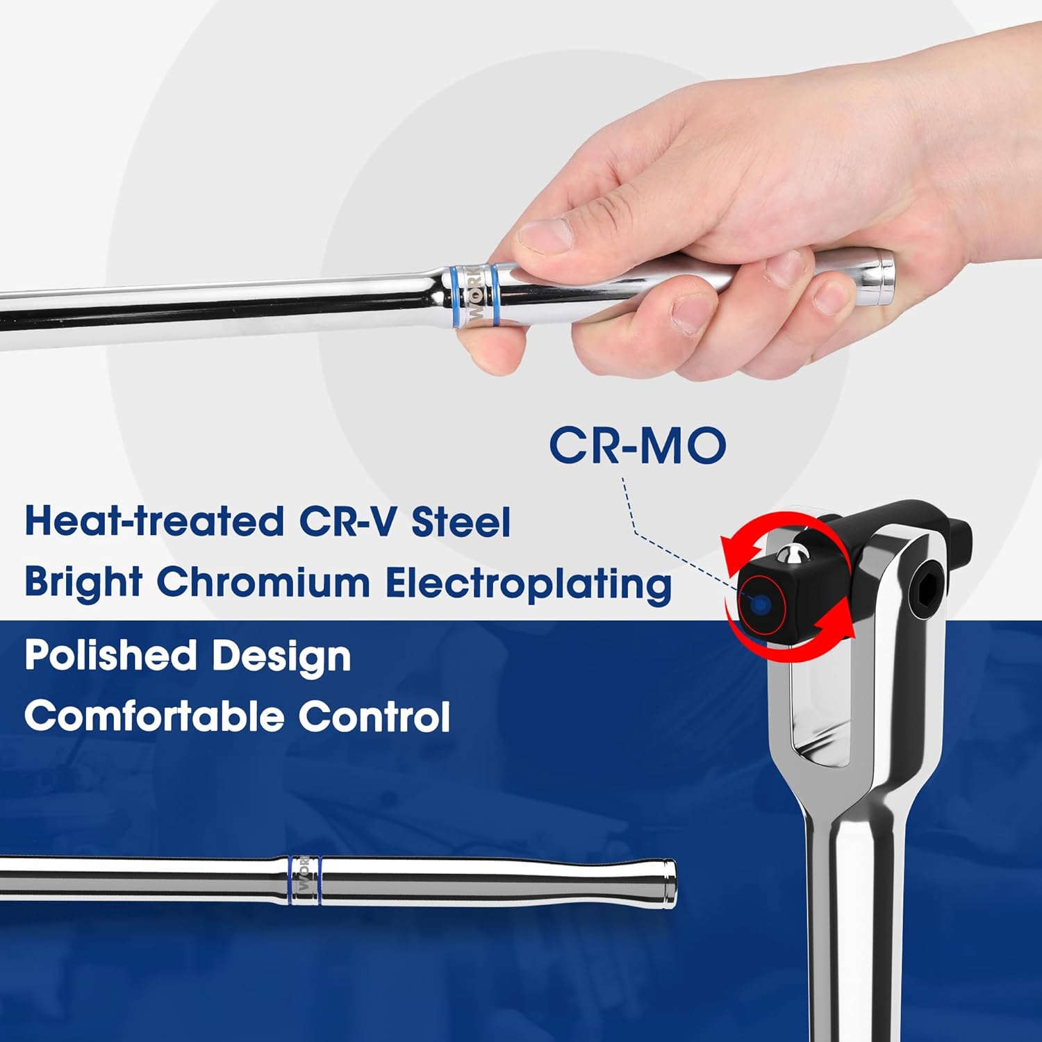 WORKPRO Dual Drive Breaker Bar, 3/8" & 1/2" Drive, Heavy Duty Breaker Bars, 24-inch Length with 360° Rotatable Head, Spring-loaded Detent Ball, Chrome Vanadium Steel Made - Image 3