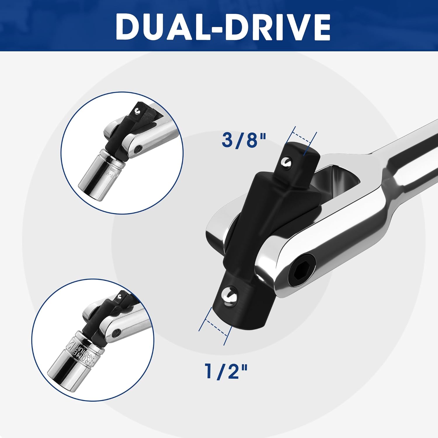 WORKPRO Dual Drive Breaker Bar, 3/8" & 1/2" Drive, Heavy Duty Breaker Bars, 24-inch Length with 360° Rotatable Head, Spring-loaded Detent Ball, Chrome Vanadium Steel Made - Image 4