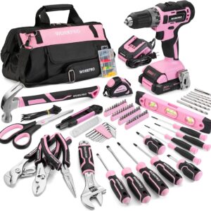 WORKPRO Pink Drill Set with UPGRADED Tool Bag, 157PCS Tool Kit For Home with 20V Cordless Drill Driver, Household Pink Tool Set including Screwdriver, Hammer, Tool Kit for Women and Men - Pink Ribbon
