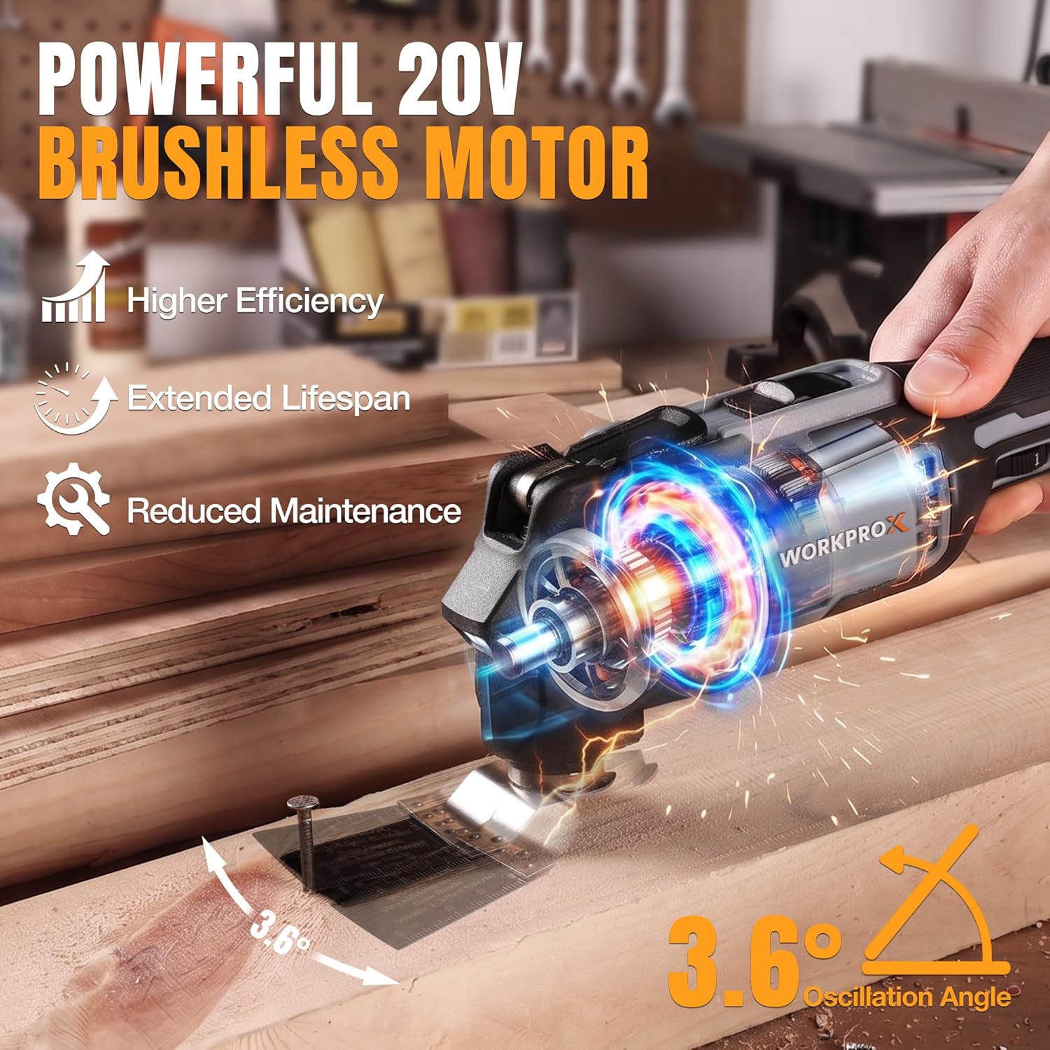 WORKPROX 20V Cordless Oscillating Multi-Tool Kit, Brushless Motor, 6-Speed, 3.6° Oscillation Angle, 22PCS Accessories & 1 Battery, Oscillating Tool for Cutting, Scraping, Sanding with Tool Bag - Image 2