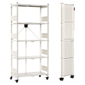 WORKPRO 5-Tier Folding Shelf, No-Assembly Metal Storage Rack with Wheels, 750 lbs Capacity (with Leveling Feet), Collapsible Shelving Unit for Kitchen, Pantry, Closet & Craft Shows - White