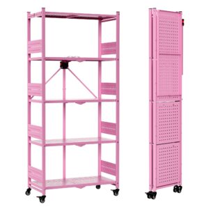 WORKPRO 5-Tier Folding Shelf, No-Assembly Metal Storage Rack with Wheels, 750 lbs Capacity (with Leveling Feet), Collapsible Shelving Unit for Kitchen, Pantry, Closet & Craft Shows - Pink