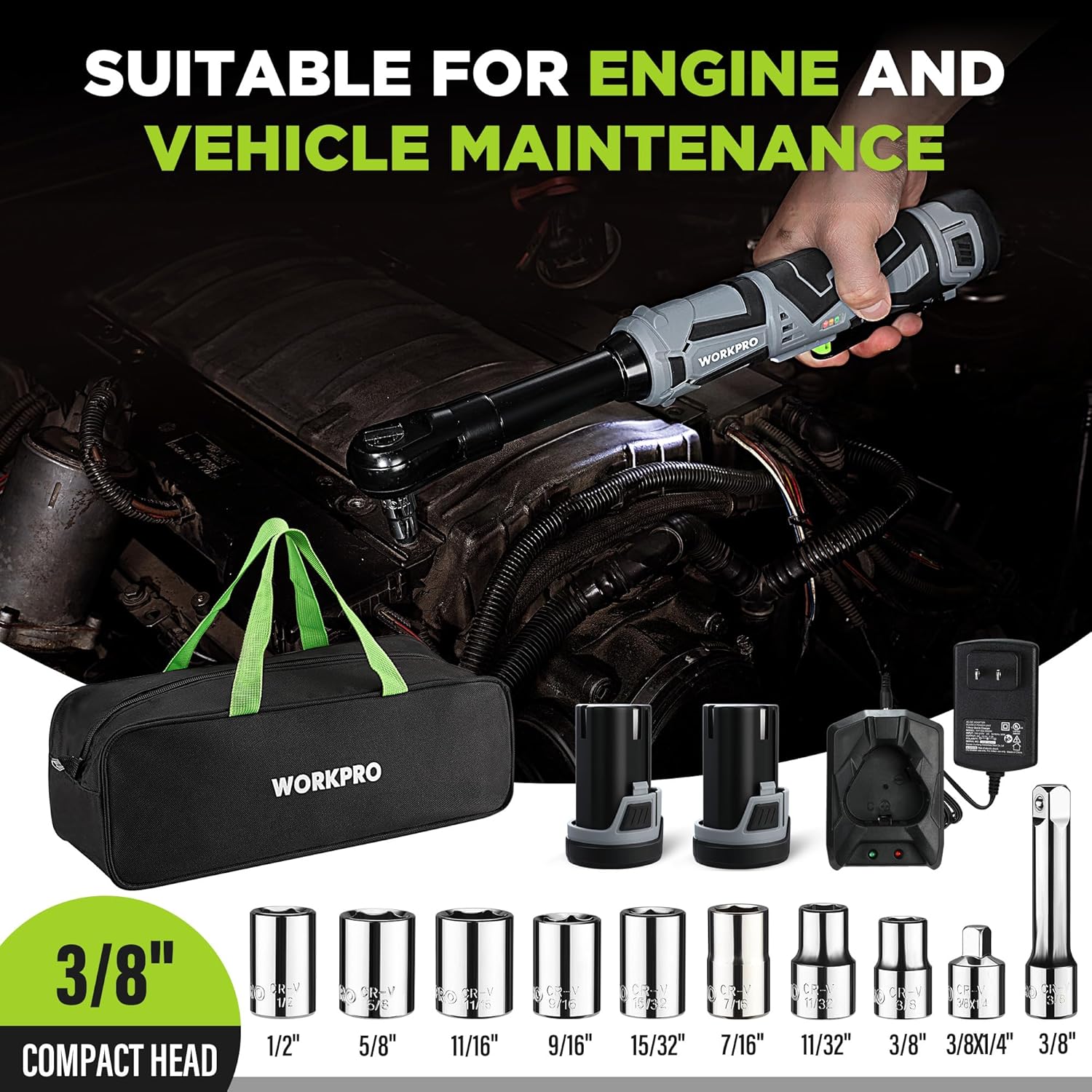 WORKPRO 12V 40 Ft-lbs Power Ratchet Wrench Kit with 10-Piece Socket Accessory Set, 1-Hour Fast Charger, 2.0Ah Lithium-Ion Batteries | 40 Ft-lbs, 10-Piece Socket Accessory Set, 1-Hour Fast Charger, 2.0Ah Lithium-Ion Batteries - Image 3