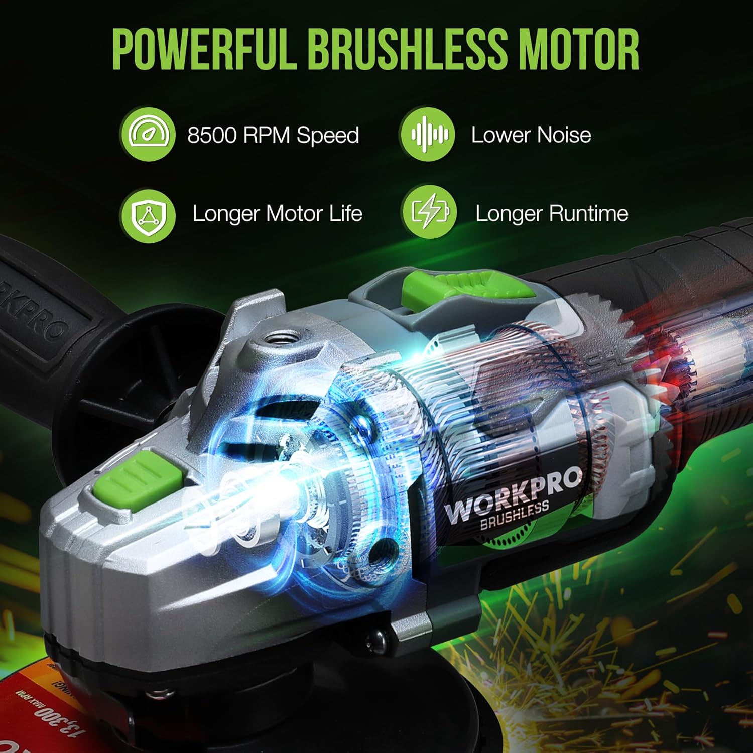 WORKPRO Cordless Angle Grinder, 20V Brushless Grinder with 4.0Ah Battery and Fast Charger, 4-1/2 Inch Dics, 8500RPM Brushless Motor Electric Grinder Power Tools for Metal and Wood - Image 2