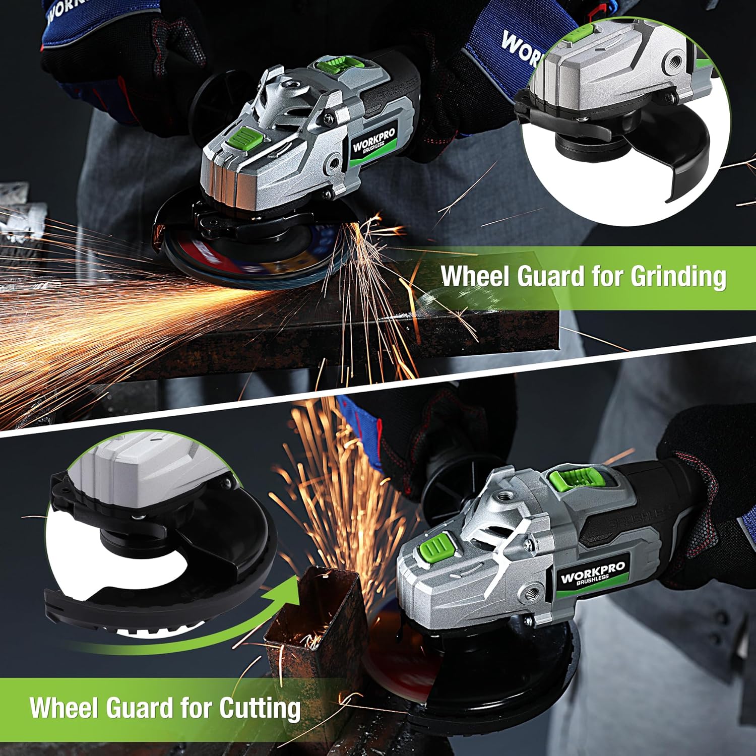 WORKPRO Cordless Angle Grinder, 20V Brushless Grinder with 4.0Ah Battery and Fast Charger, 4-1/2 Inch Dics, 8500RPM Brushless Motor Electric Grinder Power Tools for Metal and Wood - Image 5