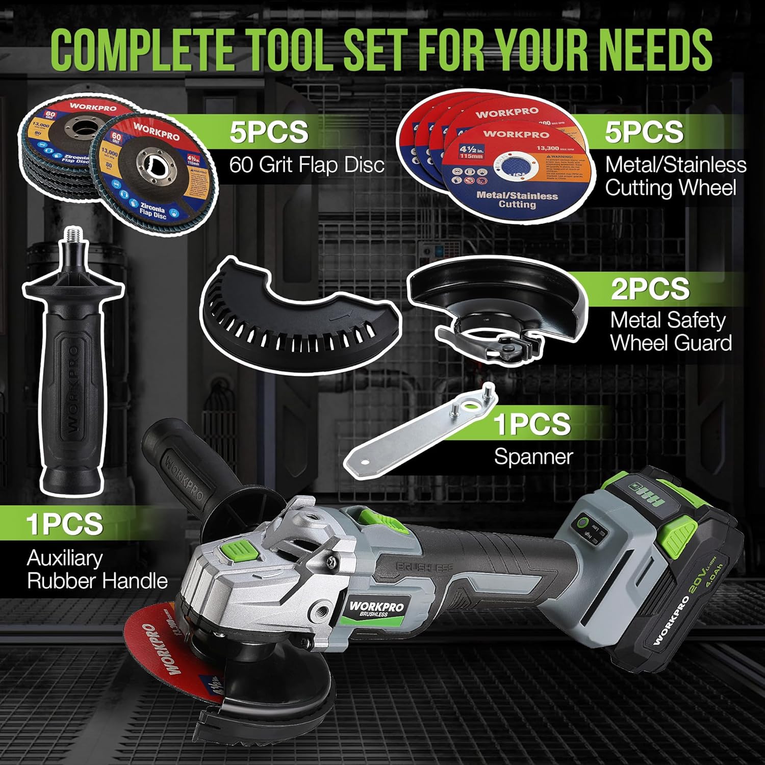 WORKPRO Cordless Angle Grinder, 20V Brushless Grinder with 4.0Ah Battery and Fast Charger, 4-1/2 Inch Dics, 8500RPM Brushless Motor Electric Grinder Power Tools for Metal and Wood - Image 6