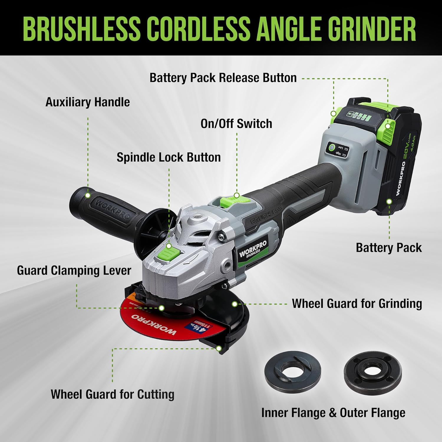 WORKPRO Cordless Angle Grinder, 20V Brushless Grinder with 4.0Ah Battery and Fast Charger, 4-1/2 Inch Dics, 8500RPM Brushless Motor Electric Grinder Power Tools for Metal and Wood - Image 7