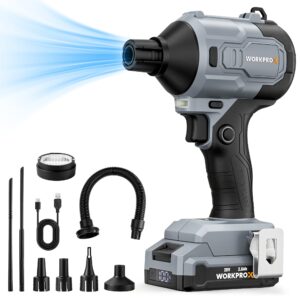 WORKPROX Compressed Air Duster 20V Max, 4-Speed Brushless Air Blower, Black | Powerful Electric Air Duster Rechargeable with 3 Nozzles and LED for PC, Keyboards, Car, Mattress Inflating, Home and Outdoor