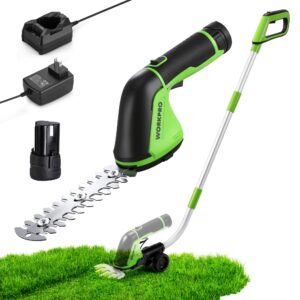 WORKPRO 12V Cordless Grass Shear, 2-in-1 Electric Hedge Trimmer & Grass Cutter, with 37&rsquo;&rsquo; Wheeled Extension Pole, 2.0Ah Battery, 1-Hour Fast Charger, Lightweight Bush Trimmer for Lawn and Garden