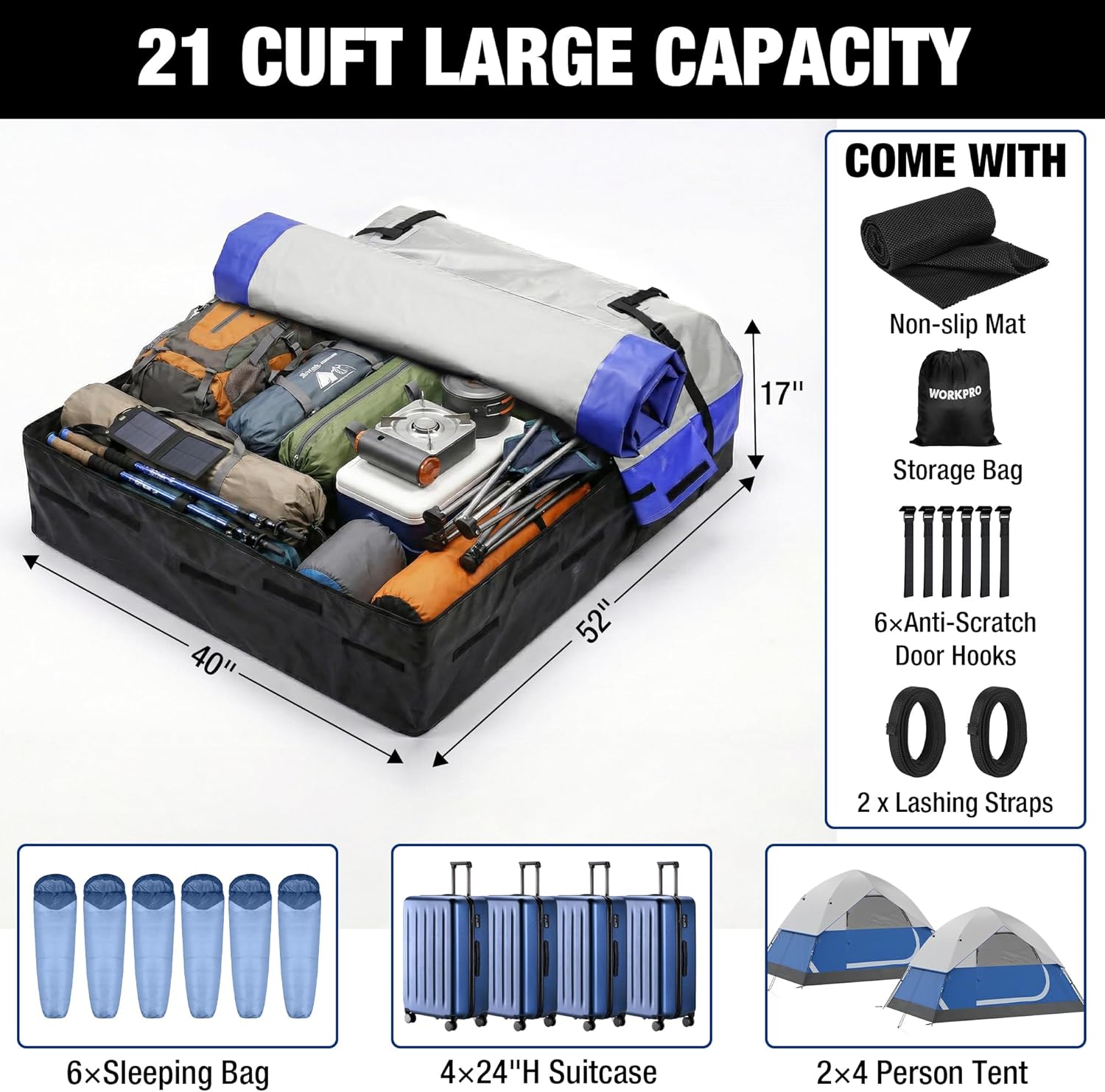 WORKPRO 21 Cubic Feet Rooftop Cargo Carrier Roof Bag, Waterproof Roof Rack Cargo Carrier for Vehicles with/Without Rack, Heavy Duty 840D PVC, Includes Anti-Slip Mat, 6 Door Hooks and Storage Bag - Image 2