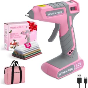 WORKPRO Cordless Hot Glue Gun, 7.2V Glue Gun with 50 Pcs Premium Mini Glue Sticks and Storage Bag, 2600mAh Type-C Rechargeable, Dual-Temp Hot Glue Gun Kit for DIY, Crafting and Arts - Pink Ribbon