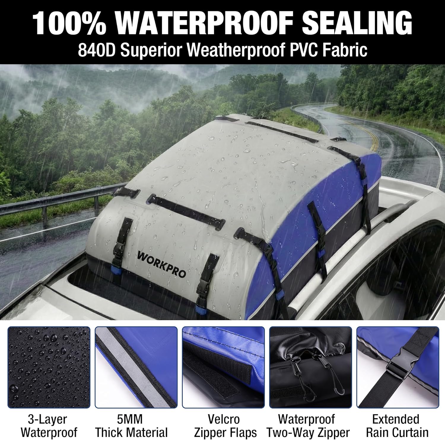WORKPRO 21 Cubic Feet Rooftop Cargo Carrier Roof Bag, Waterproof Roof Rack Cargo Carrier for Vehicles with/Without Rack, Heavy Duty 840D PVC, Includes Anti-Slip Mat, 6 Door Hooks and Storage Bag - Image 3