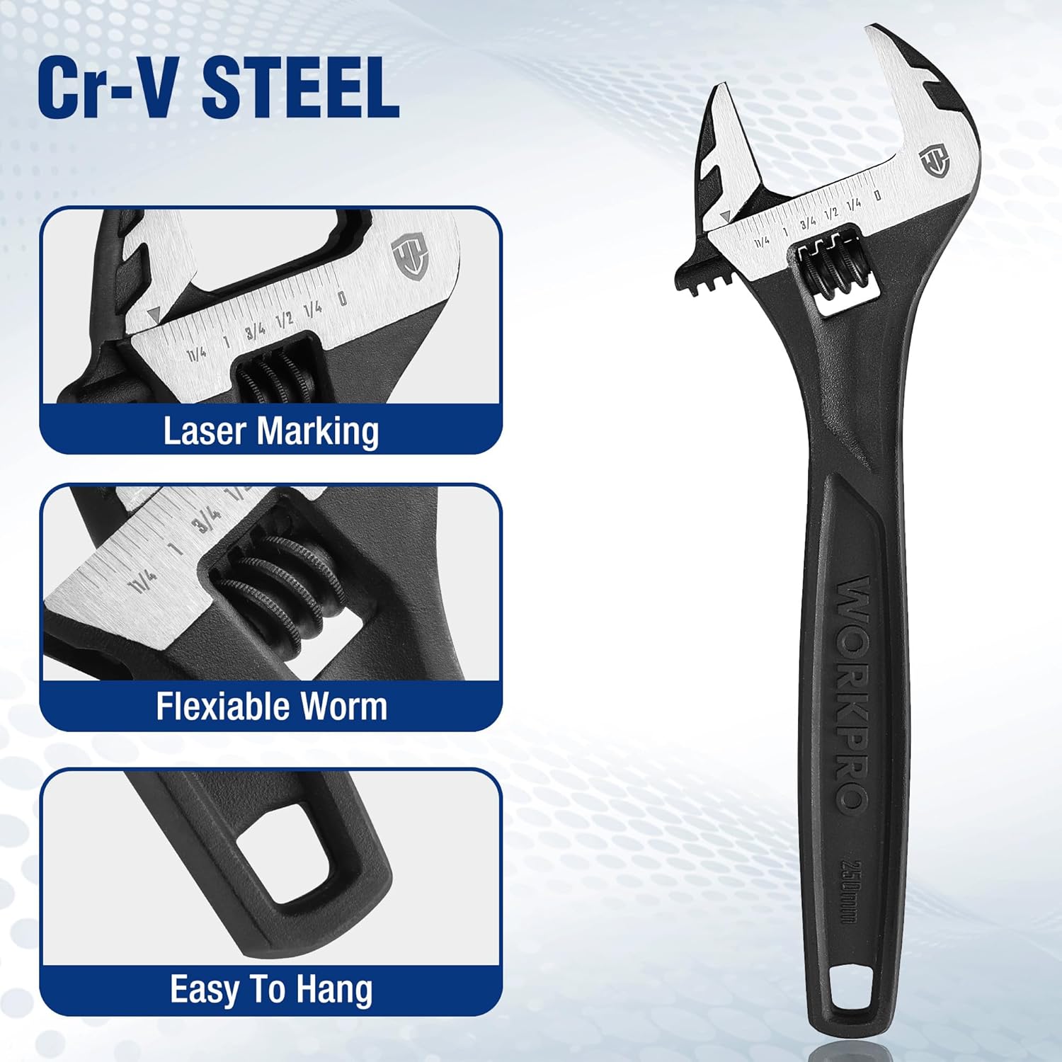 WORKPRO 4-piece Adjustable Wrench Set, 6-inch, 8-inch, 10-inch, 12-inch, Cr-V Steel, Corrosion-Resistant Black Oxide Finish for Automotive Plumbing and Household Repairs - Image 3