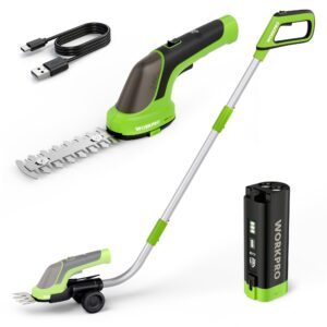 WORKPRO 3.6V Hedge Trimmer Cordless, 3-in-1 Electric Hedge Trimmer & Grass Cutter with 37'' Wheeled Extension Pole, 4.0Ah Removable Battery & Type-C Cable, Lightweight Bush Trimmer for Lawn & Garden