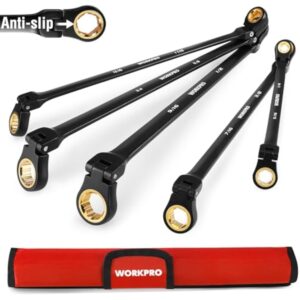 WORKPRO Extra Long Flex-Head Ratcheting Wrench Set, 5-piece Anti-Slip Double Box Wrenches Set, SAE 1/4-13/16 mm, 72-Teeth, Cr-V Steel and Black Electrophoretic Coating Wrenches with Rolling Pouch